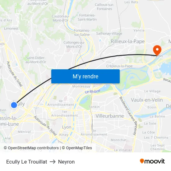Ecully Le Trouillat to Neyron map
