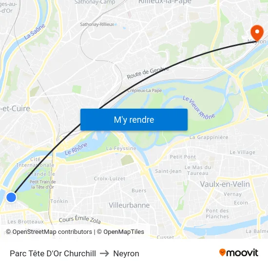 Parc Tête D'Or Churchill to Neyron map