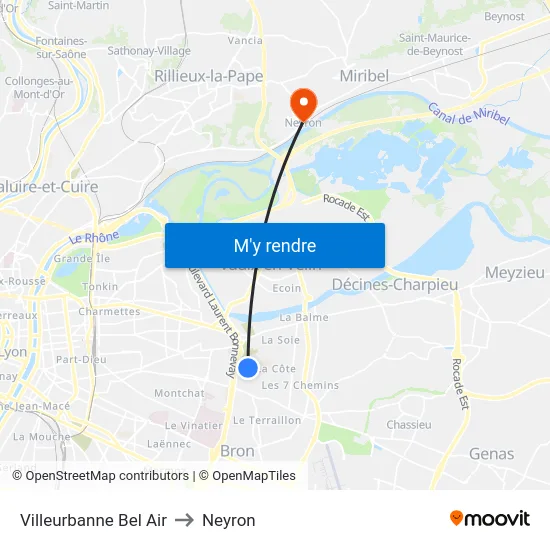 Villeurbanne Bel Air to Neyron map