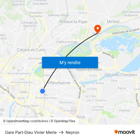 Gare Part-Dieu Vivier Merle to Neyron map