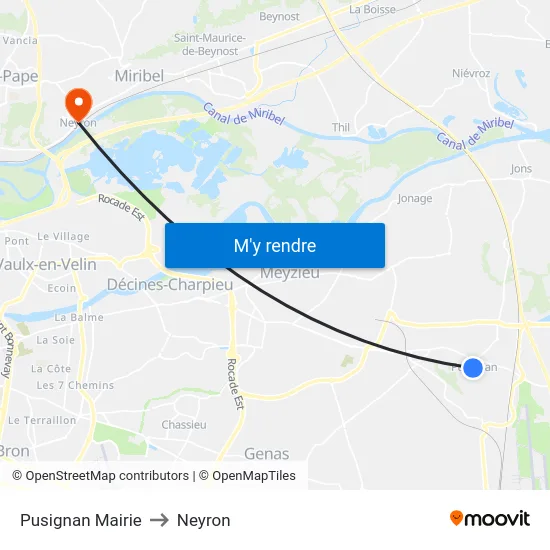 Pusignan Mairie to Neyron map