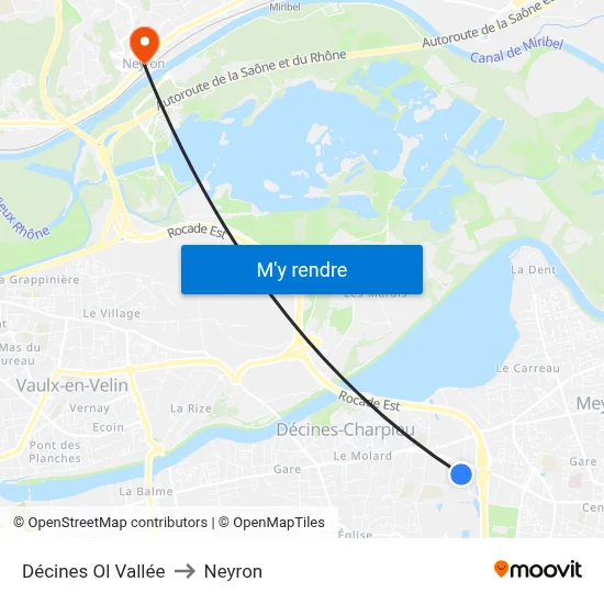 Décines Ol Vallée to Neyron map