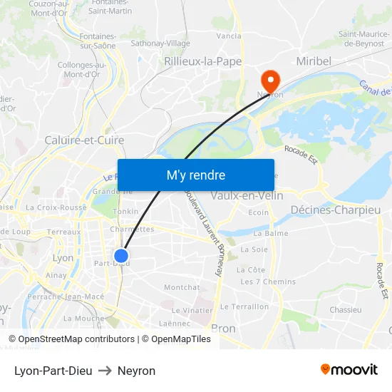 Lyon-Part-Dieu to Neyron map