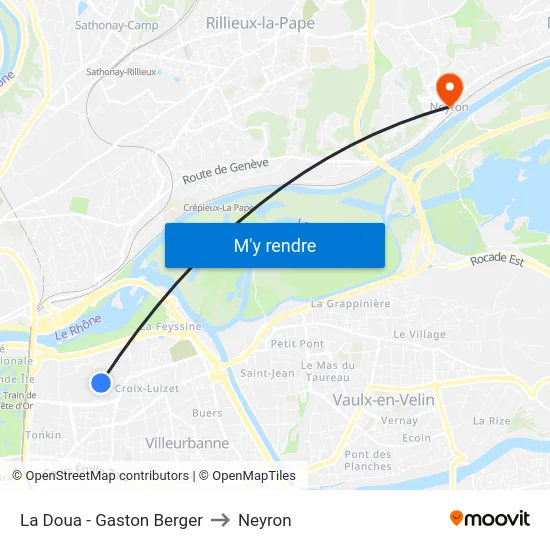 La Doua - Gaston Berger to Neyron map