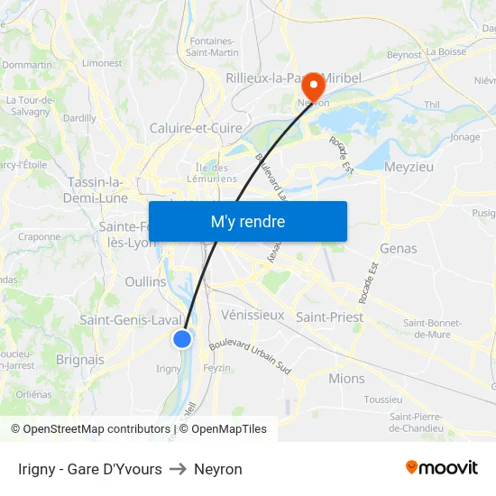 Irigny - Gare D'Yvours to Neyron map