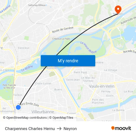 Charpennes Charles Hernu to Neyron map