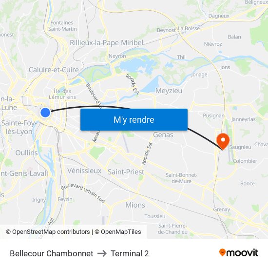 Bellecour Chambonnet to Terminal 2 map