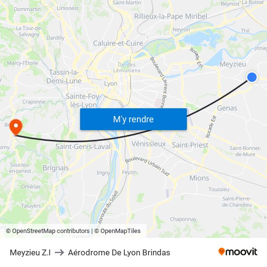Meyzieu Z.I to Aérodrome De Lyon Brindas map