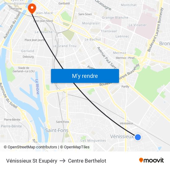 Vénissieux St Exupéry to Centre Berthelot map