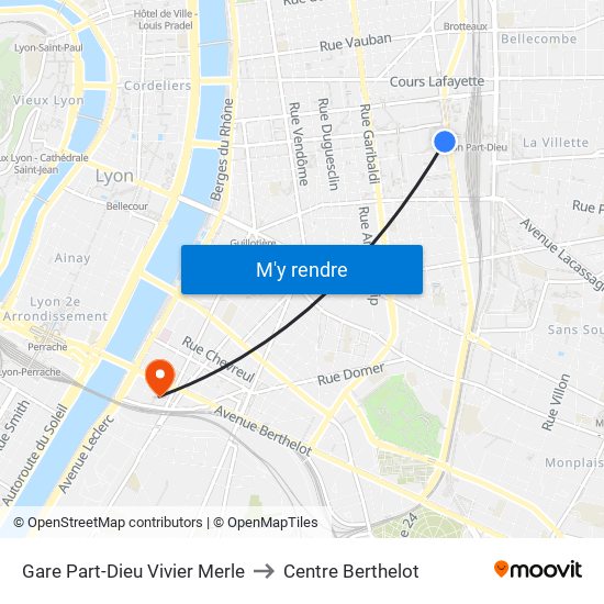 Gare Part-Dieu Vivier Merle to Centre Berthelot map