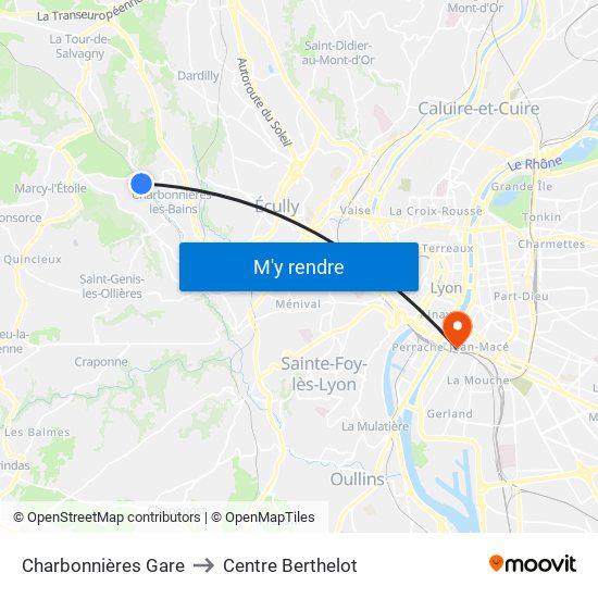 Charbonnières Gare to Centre Berthelot map