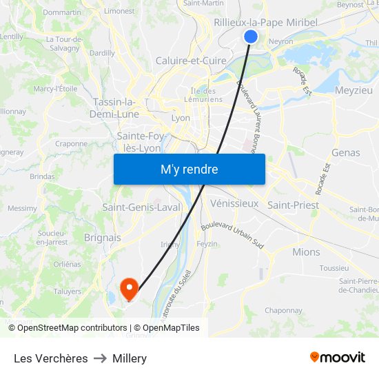 Les Verchères to Millery map