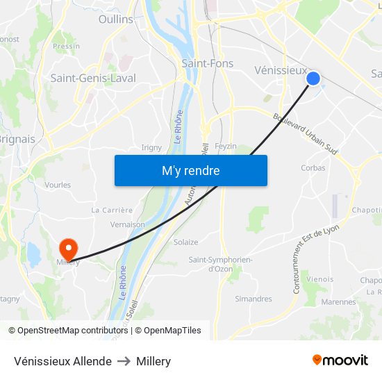 Vénissieux Allende to Millery map