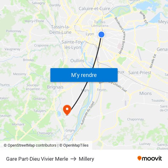 Gare Part-Dieu Vivier Merle to Millery map
