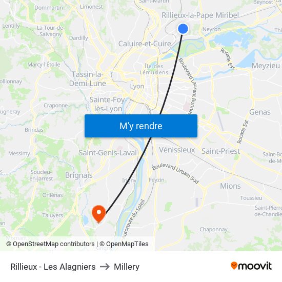 Rillieux - Les Alagniers to Millery map