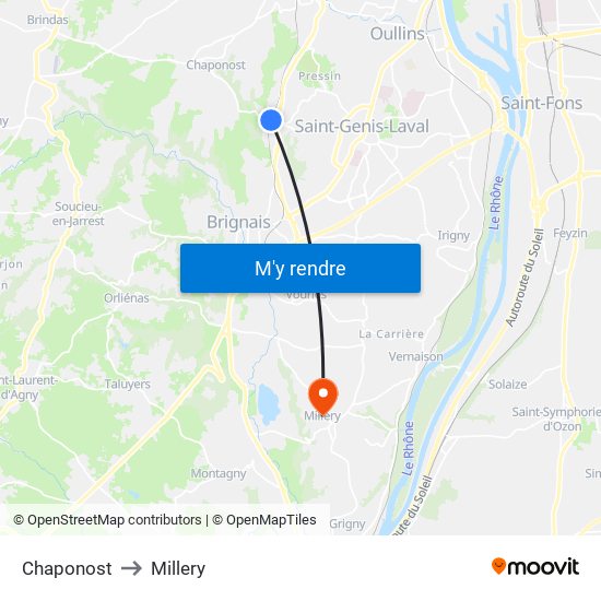 Chaponost to Millery map