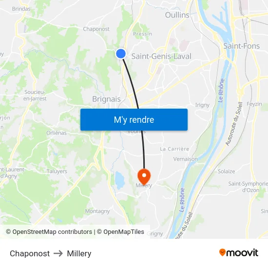 Chaponost to Millery map
