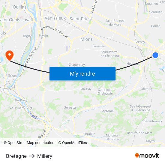 Bretagne to Millery map