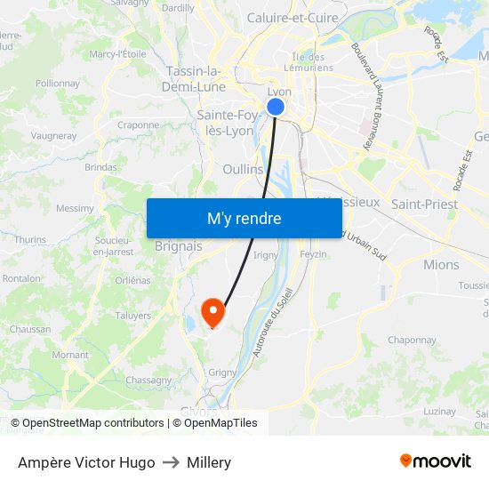 Ampère Victor Hugo to Millery map
