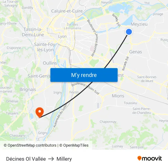 Décines Ol Vallée to Millery map