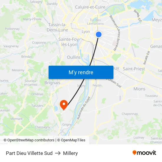 Part-Dieu Villette Sud to Millery map