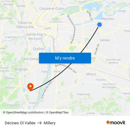 Décines Ol Vallée to Millery map