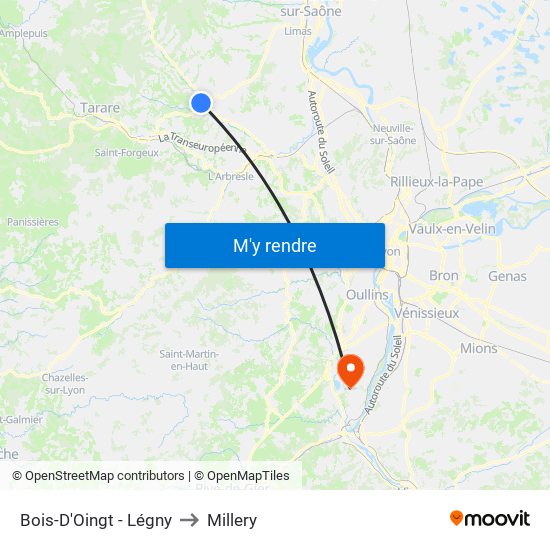Bois-D'Oingt - Légny to Millery map