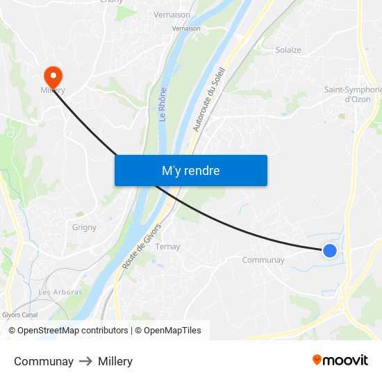 Communay to Millery map