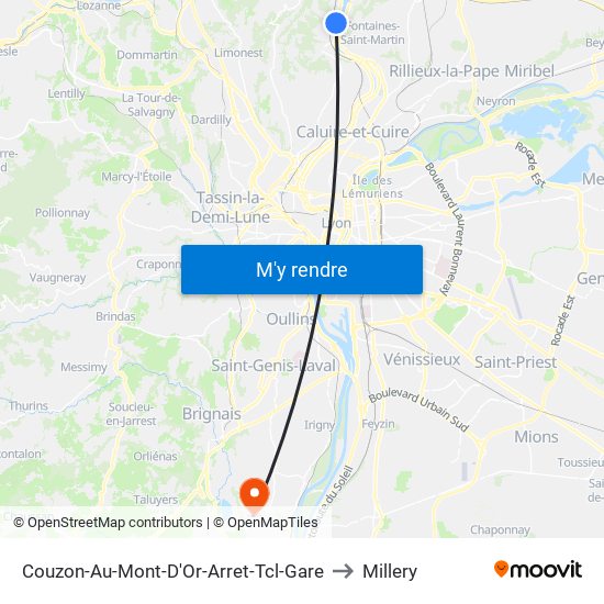 Couzon-Au-Mont-D'Or-Arret-Tcl-Gare to Millery map