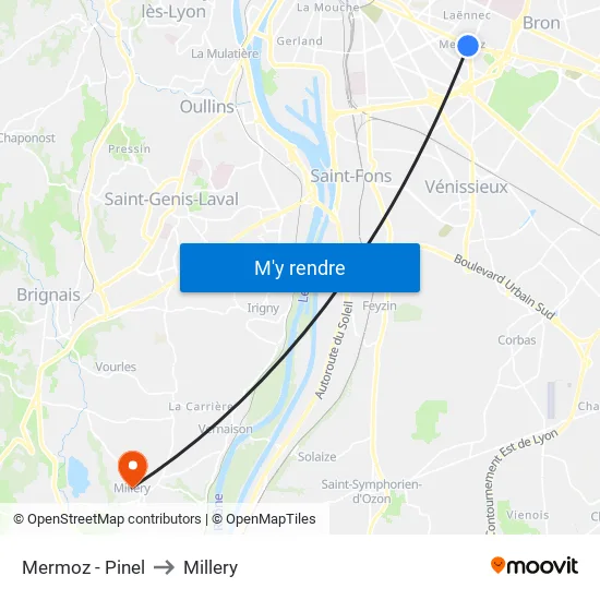 Mermoz - Pinel to Millery map