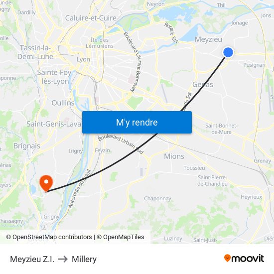 Meyzieu Z.I. to Millery map