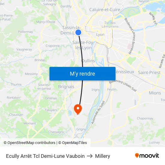 Ecully Arrêt Tcl Demi-Lune Vauboin to Millery map