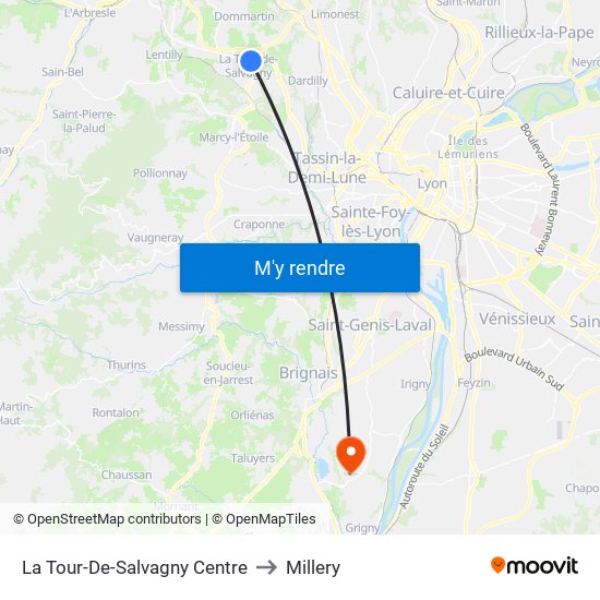 La Tour-De-Salvagny Centre to Millery map