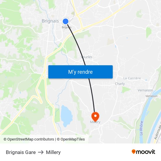 Brignais Gare to Millery map