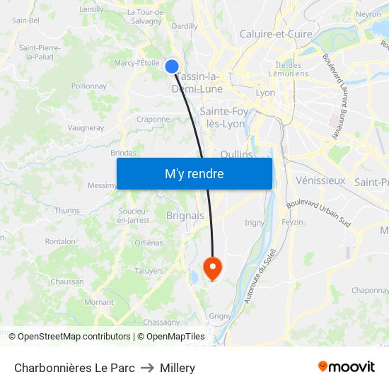 Charbonnières Le Parc to Millery map