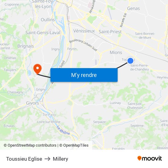 Toussieu Eglise to Millery map