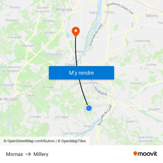 Mornas to Millery map