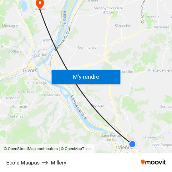 Ecole Maupas to Millery map