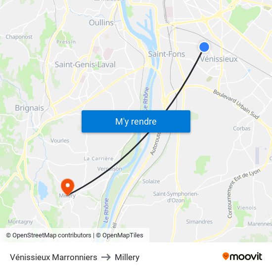 Vénissieux Marronniers to Millery map