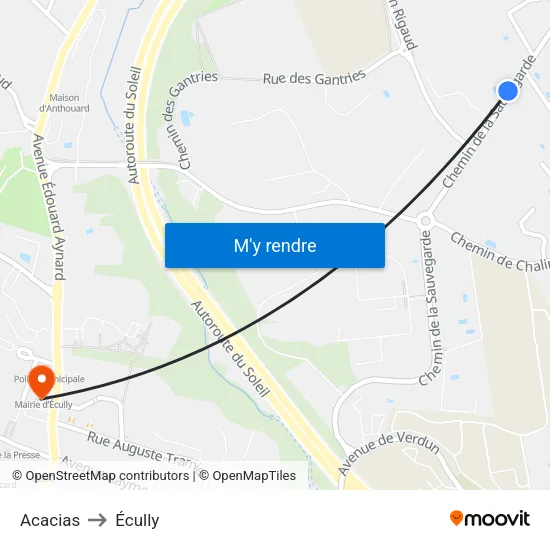 Acacias to Écully map