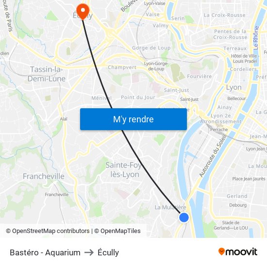 Bastéro - Aquarium to Écully map