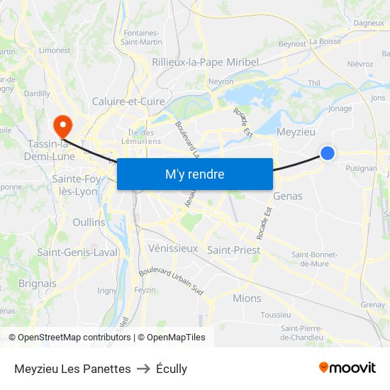 Meyzieu Les Panettes to Écully map