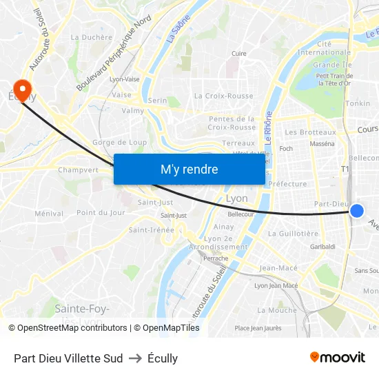 Part-Dieu Villette Sud to Écully map