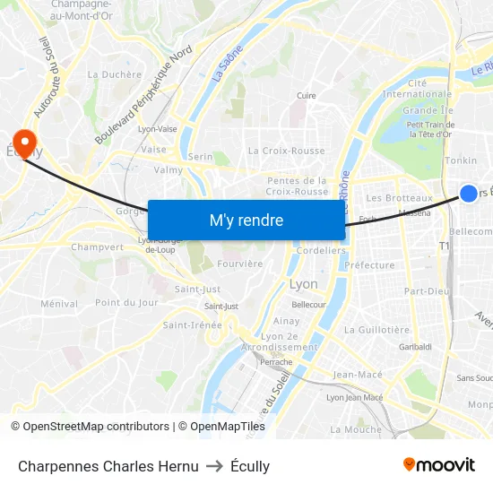 Charpennes Charles Hernu to Écully map