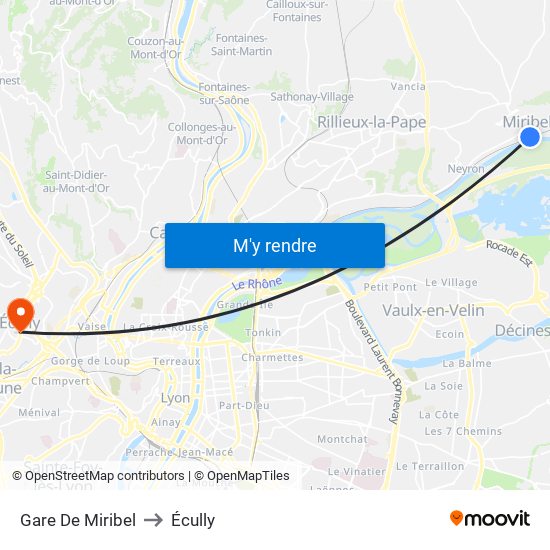 Gare De Miribel to Écully map