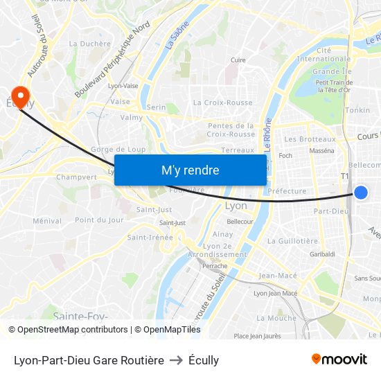 Lyon-Part-Dieu Gare Routière to Écully map