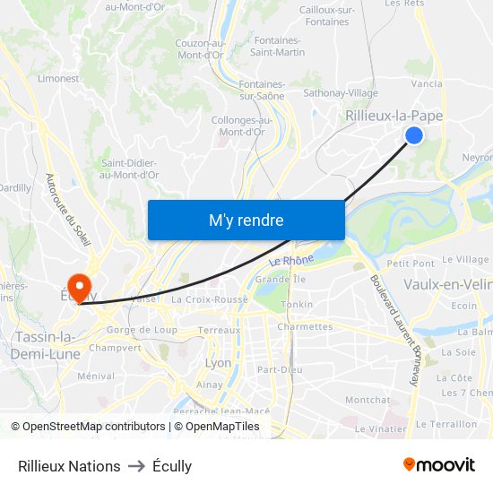 Rillieux Nations to Écully map