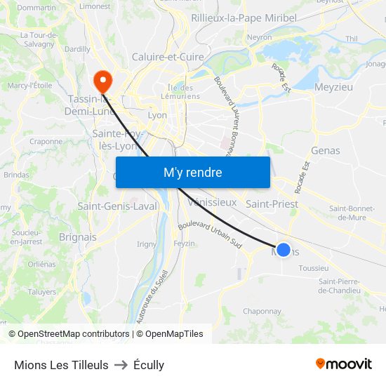 Mions Les Tilleuls to Écully map
