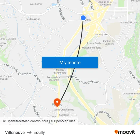 Villeneuve to Écully map