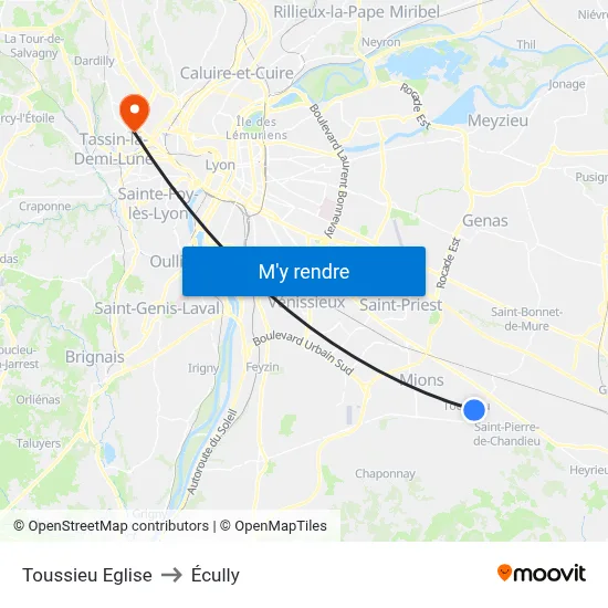 Toussieu Eglise to Écully map